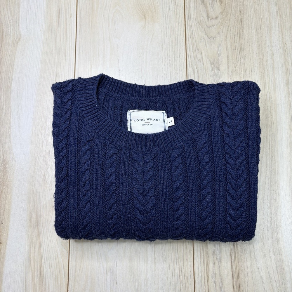 Long Wharf Supply Co. Men's Wool Cable Knit Crew Neck Sweater Navy Blue Large